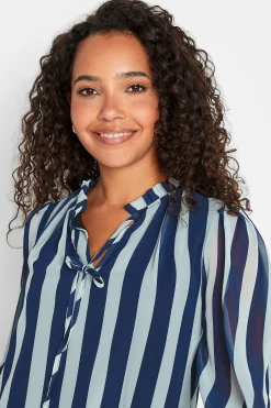 M&Co Womens Navy Blue Stripe Tie Neck Blouse><noscript><img width=
