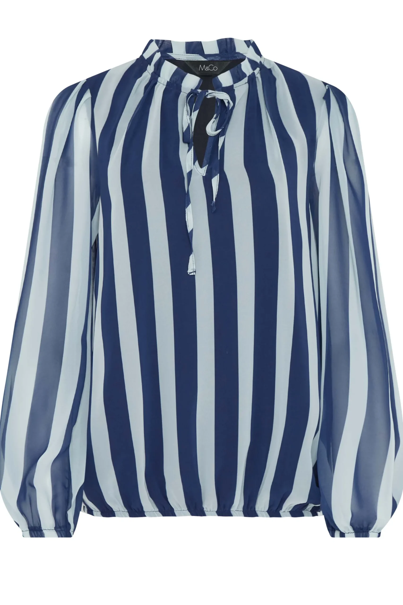 M&Co Womens Navy Blue Stripe Tie Neck Blouse>Women Shirts