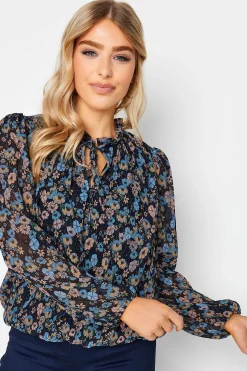 M&Co Womens Navy Blue Floral Pleated Blouse>Women Long Sleeve Tops