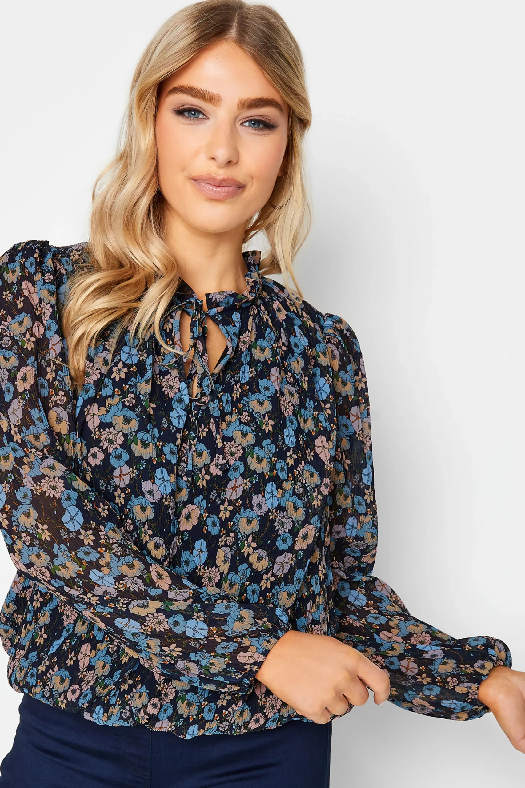 M&Co Womens Navy Blue Floral Pleated Blouse>Women Long Sleeve Tops