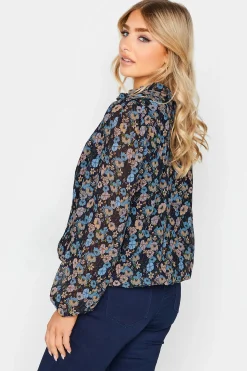 M&Co Womens Navy Blue Floral Pleated Blouse><noscript><img width=