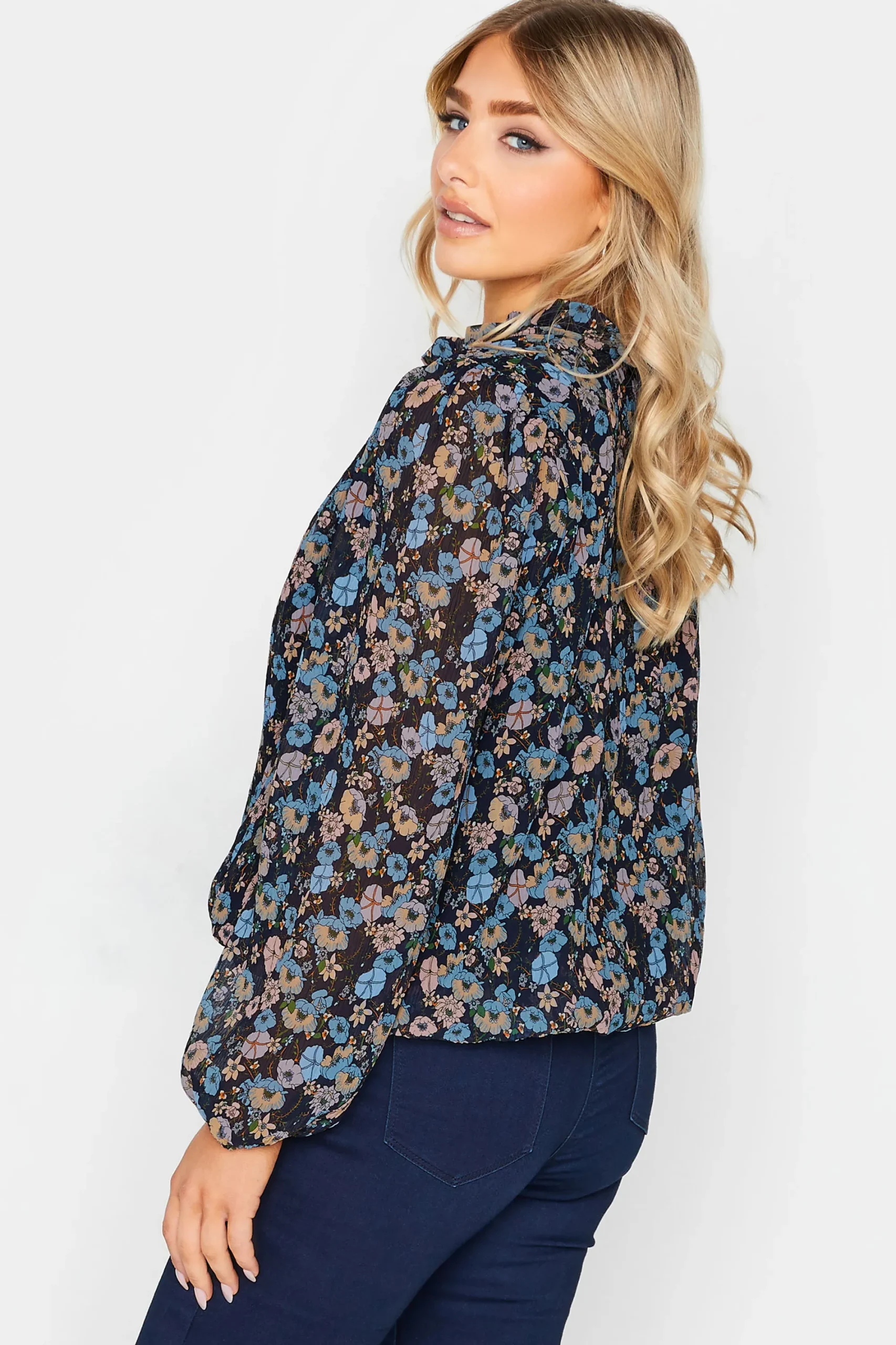 M&Co Womens Navy Blue Floral Pleated Blouse>Women Long Sleeve Tops