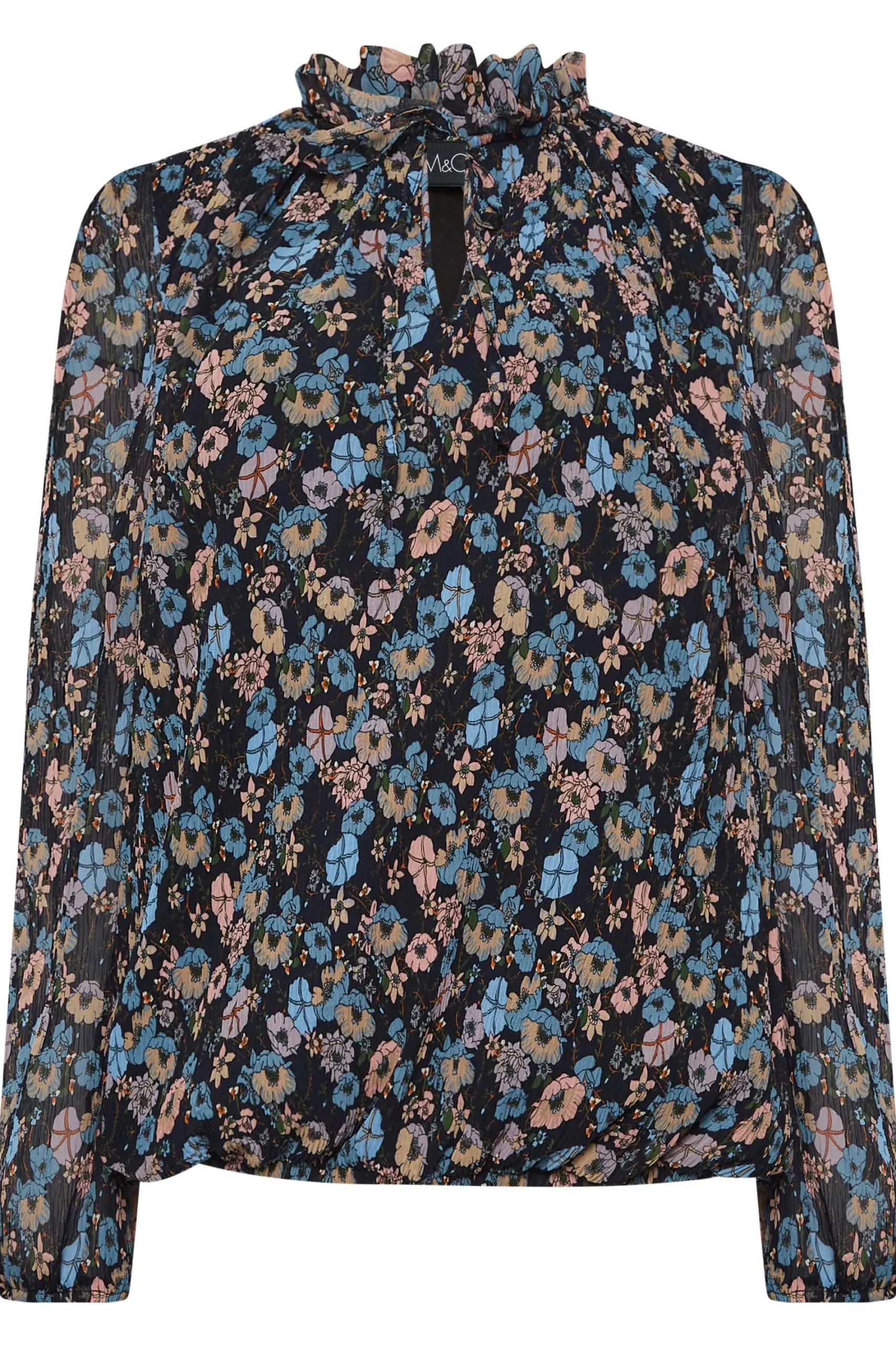 M&Co Womens Navy Blue Floral Pleated Blouse>Women Long Sleeve Tops