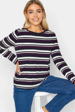 M&Co Womens Navy Blue Stripe Long Sleeve Cotton T-Shirt>Women T-Shirts