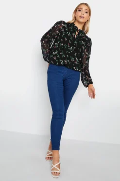 M&Co Womens Navy Blue Floral Print Tie Neck Blouse>Women Long Sleeve Tops