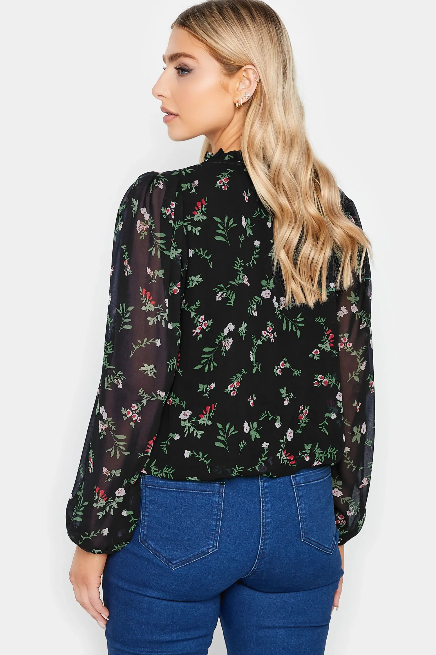 M&Co Womens Navy Blue Floral Print Tie Neck Blouse>Women Long Sleeve Tops