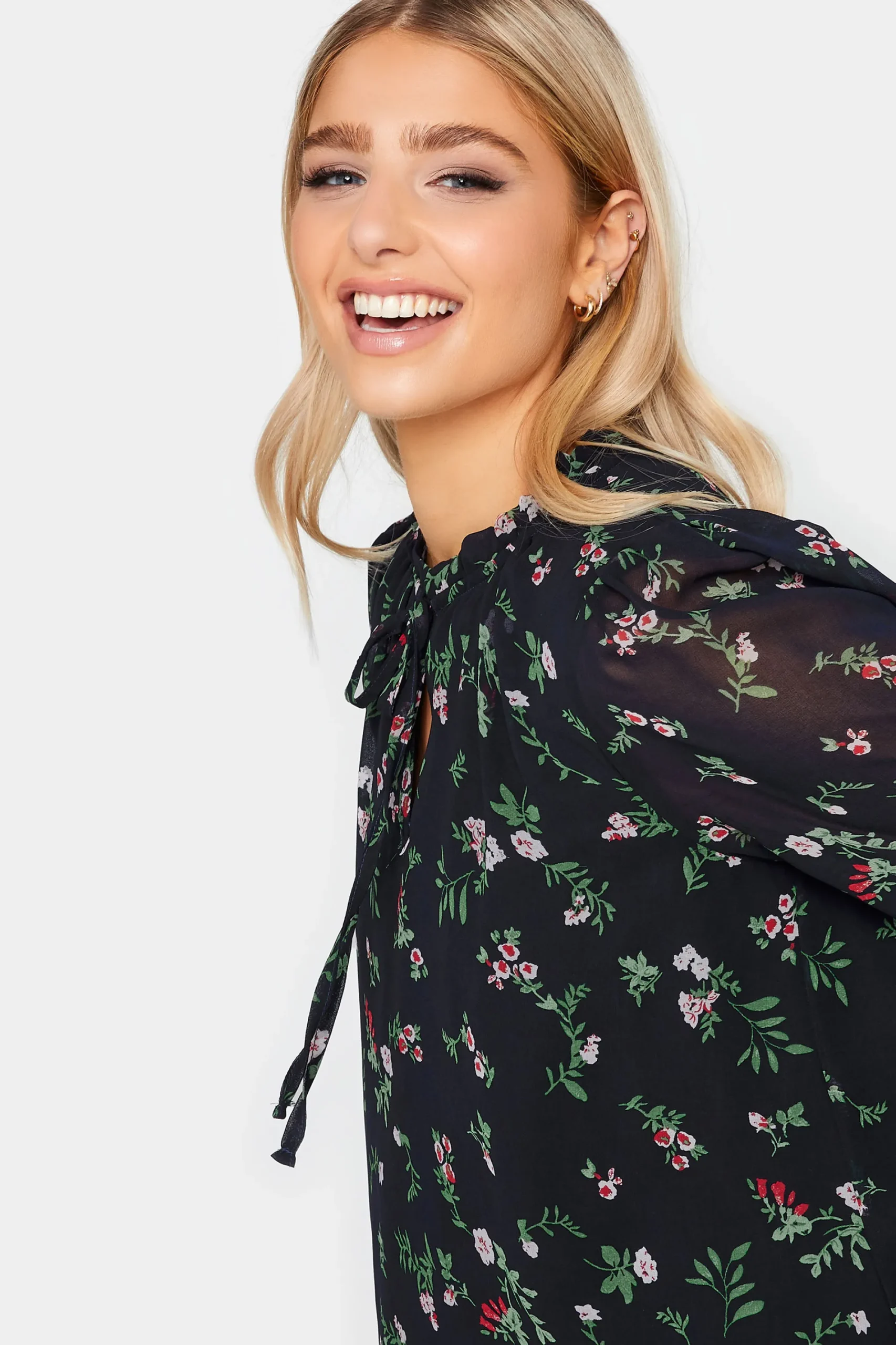 M&Co Womens Navy Blue Floral Print Tie Neck Blouse>Women Long Sleeve Tops