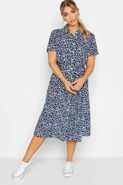 M&Co Womens Navy Blue Ditsy Print Button Through Midi Dress>Women Shirt Dresses