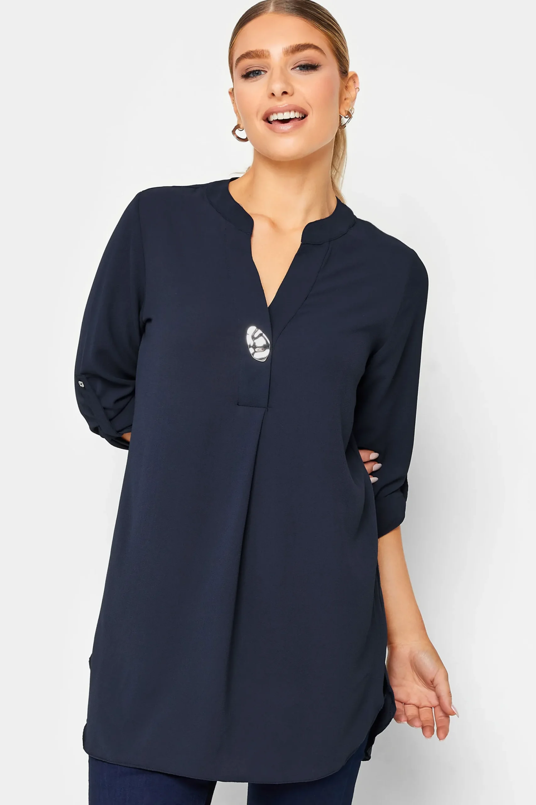 M&Co Womens Navy Blue Long Sleeve Button Blouse>Women Shirts