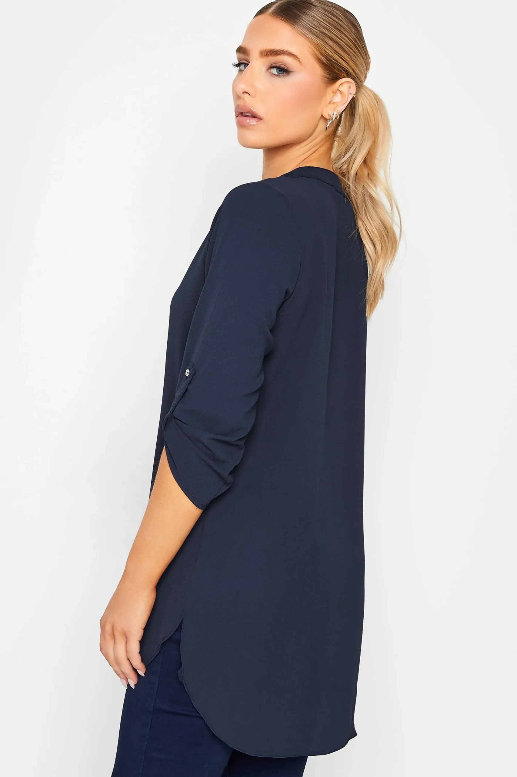 M&Co Womens Navy Blue Long Sleeve Button Blouse>Women Shirts