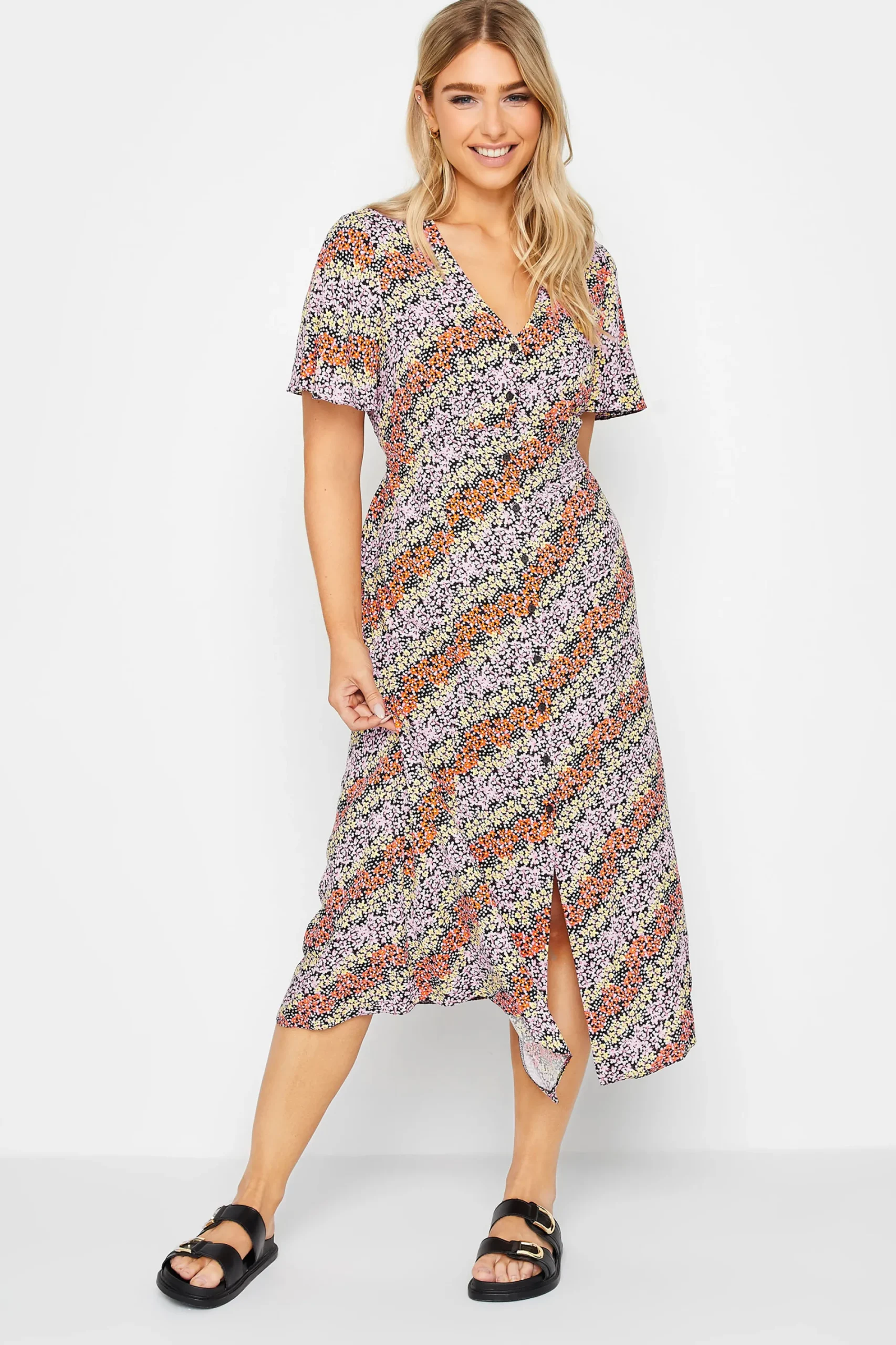 M&Co Womens Orange Ditsy Floral Print Midi Button Through Tea Dress>Women Midi Dresses