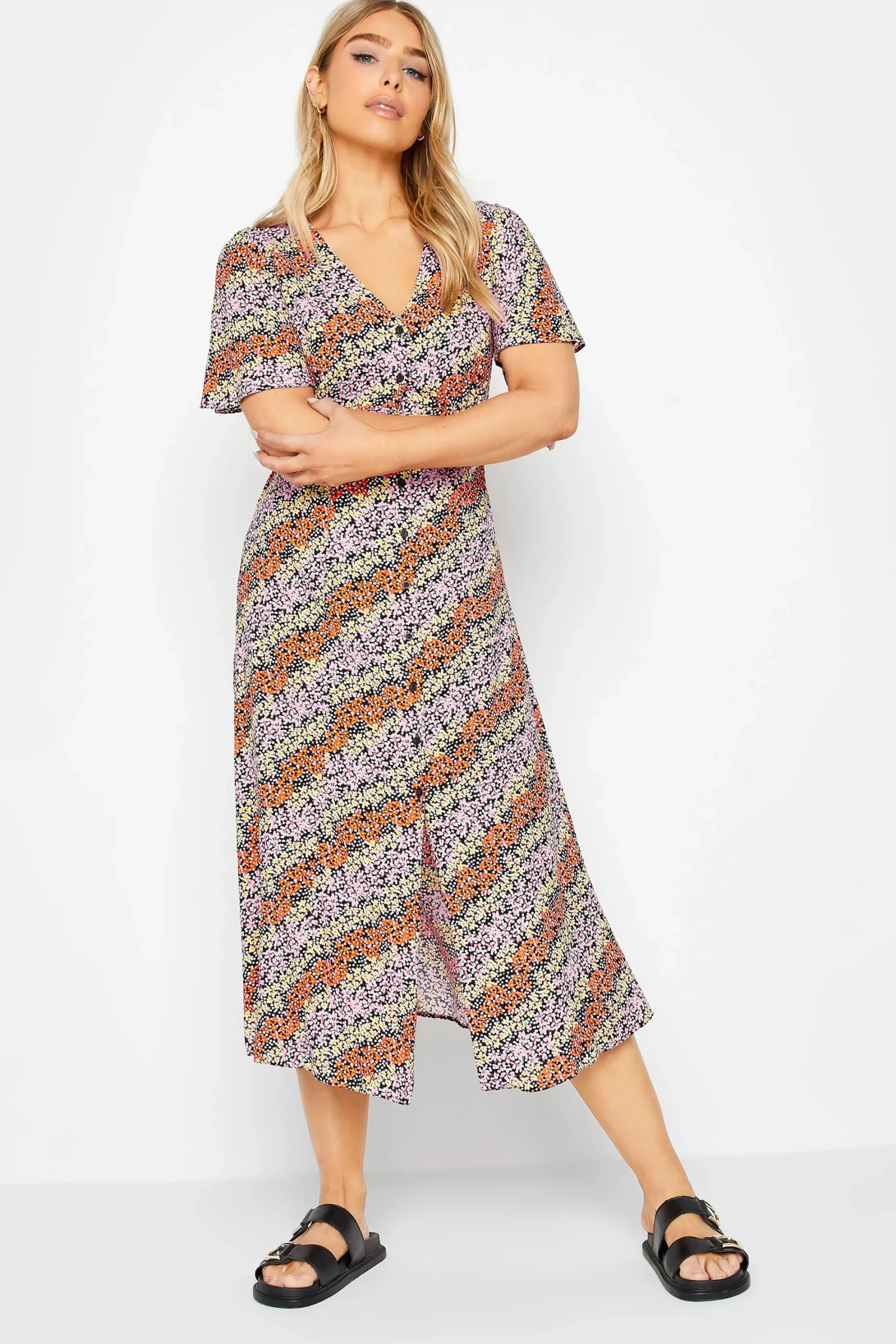 M&Co Womens Orange Ditsy Floral Print Midi Button Through Tea Dress>Women Midi Dresses
