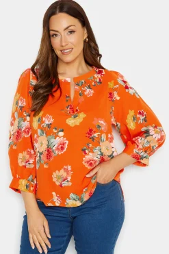 M&Co Womens Orange Floral 3/4 Sleeve Blouse>Women Blouses