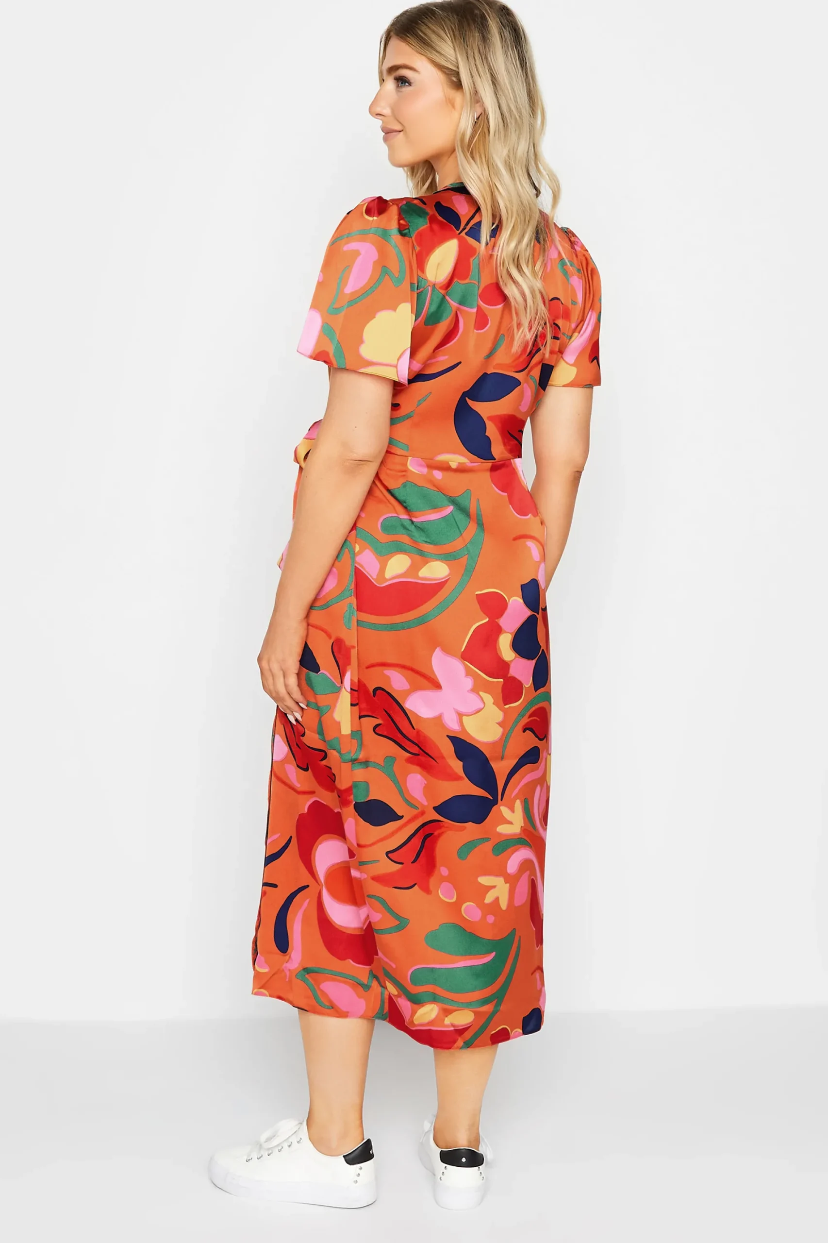 M&Co Womens Orange Floral Print Wrap Dress>Women Wedding Guest Dresses