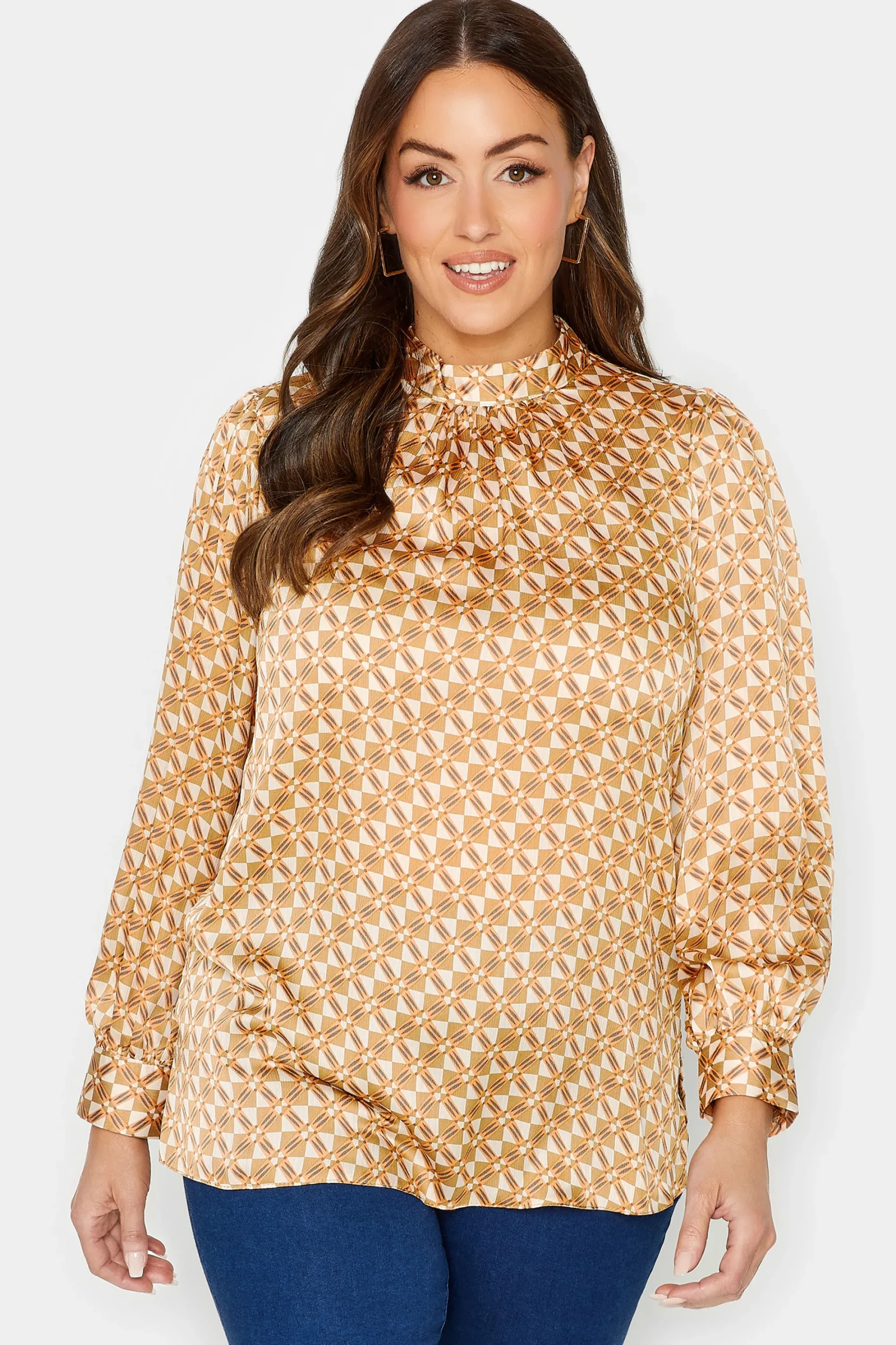 M&Co Womens Orange Geometric Print High Neck Satin Blouse>Women Long Sleeve Tops