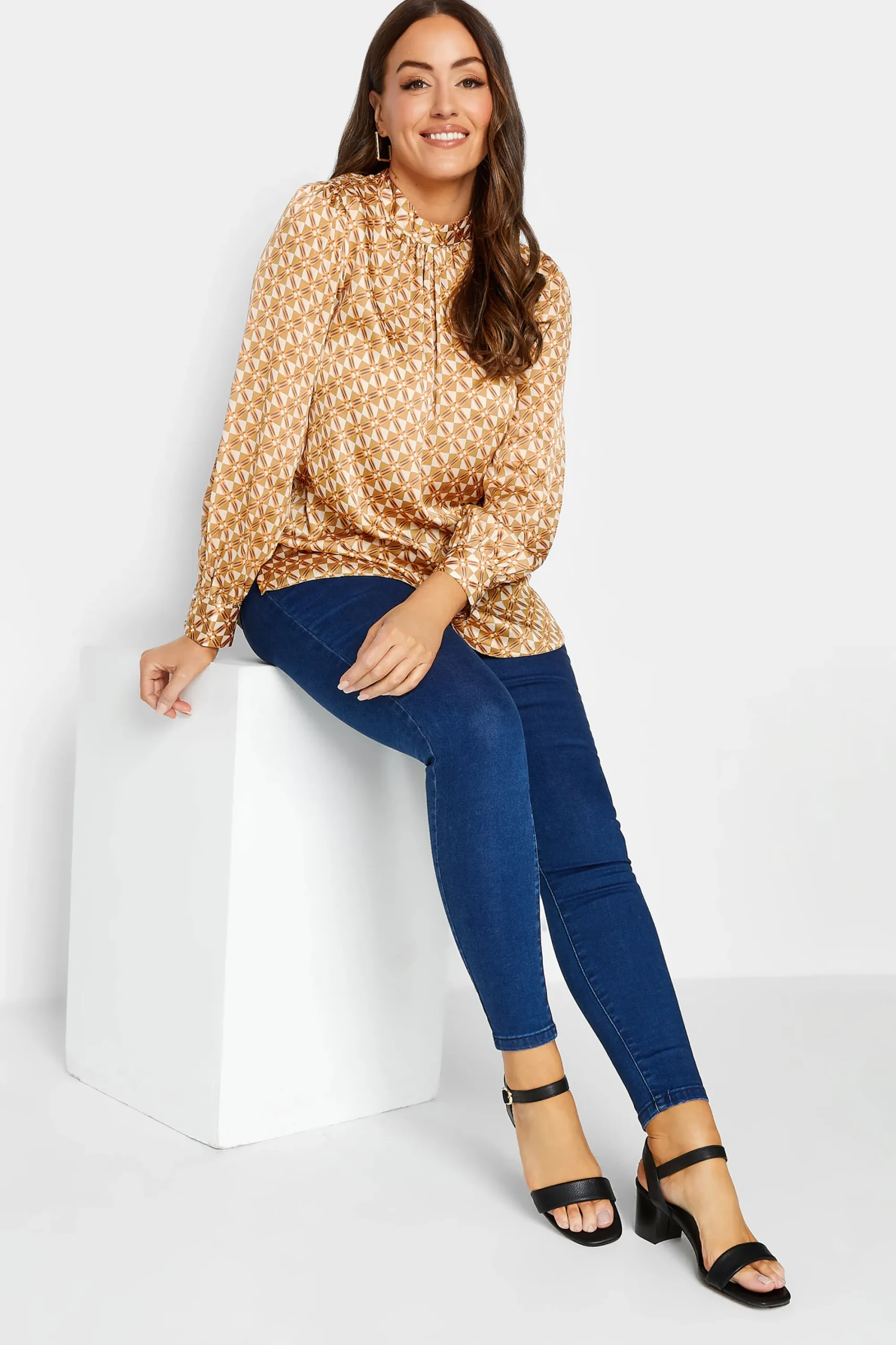 M&Co Womens Orange Geometric Print High Neck Satin Blouse>Women Long Sleeve Tops