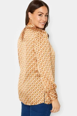 M&Co Womens Orange Geometric Print High Neck Satin Blouse><noscript><img width=