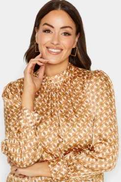 M&Co Womens Orange Geometric Print High Neck Satin Blouse><noscript><img width=