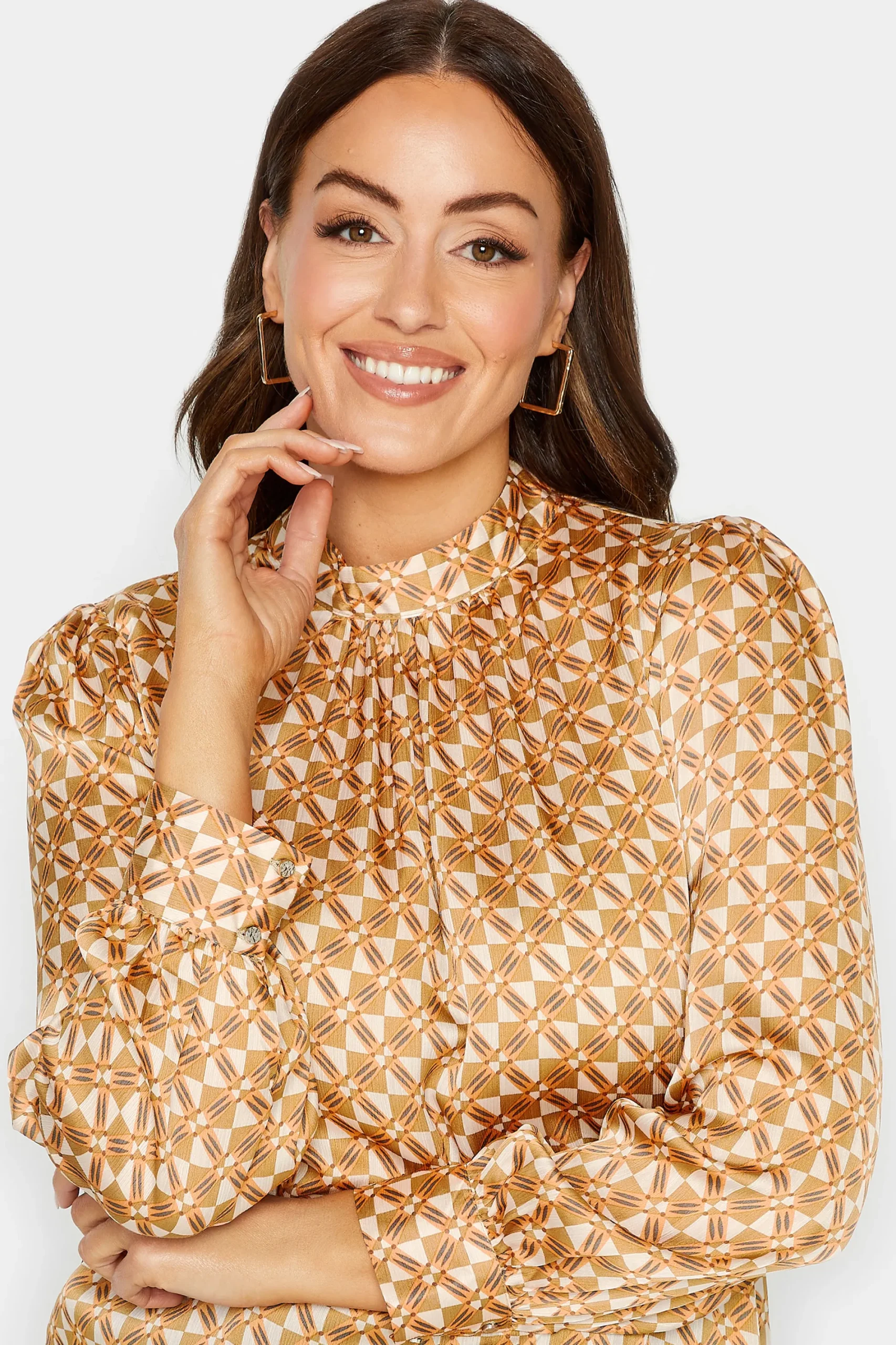 M&Co Womens Orange Geometric Print High Neck Satin Blouse>Women Long Sleeve Tops