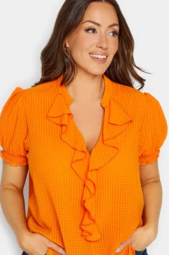 M&Co Womens Orange Gingham Frill Front Blouse>Women Short Sleeve Tops