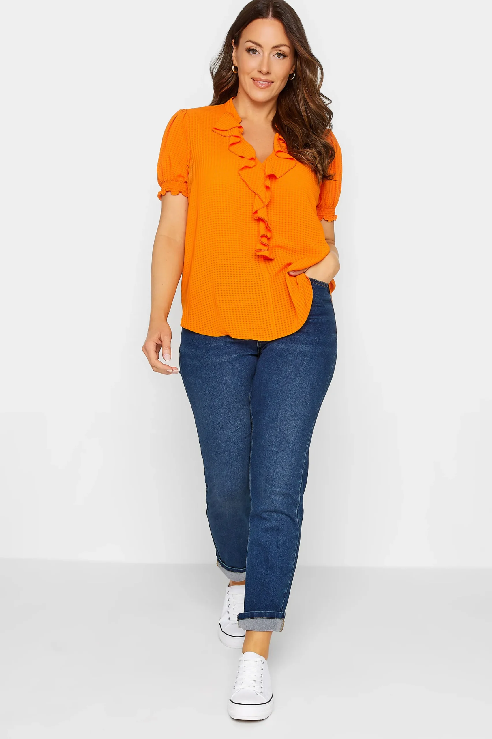 M&Co Womens Orange Gingham Frill Front Blouse>Women Short Sleeve Tops