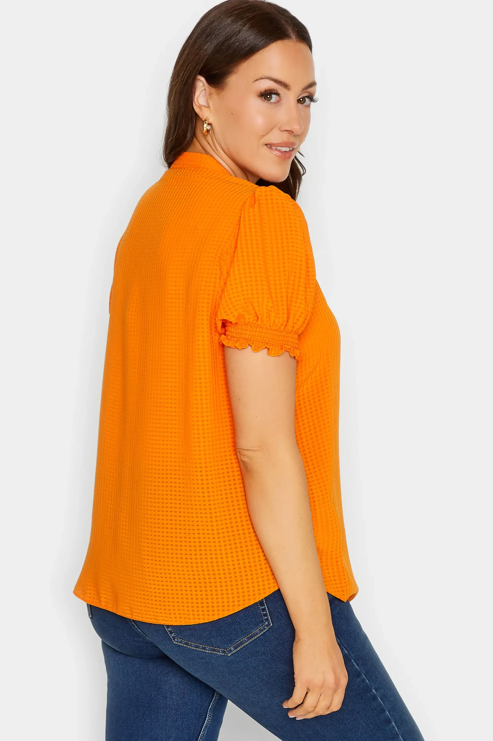 M&Co Womens Orange Gingham Frill Front Blouse>Women Short Sleeve Tops