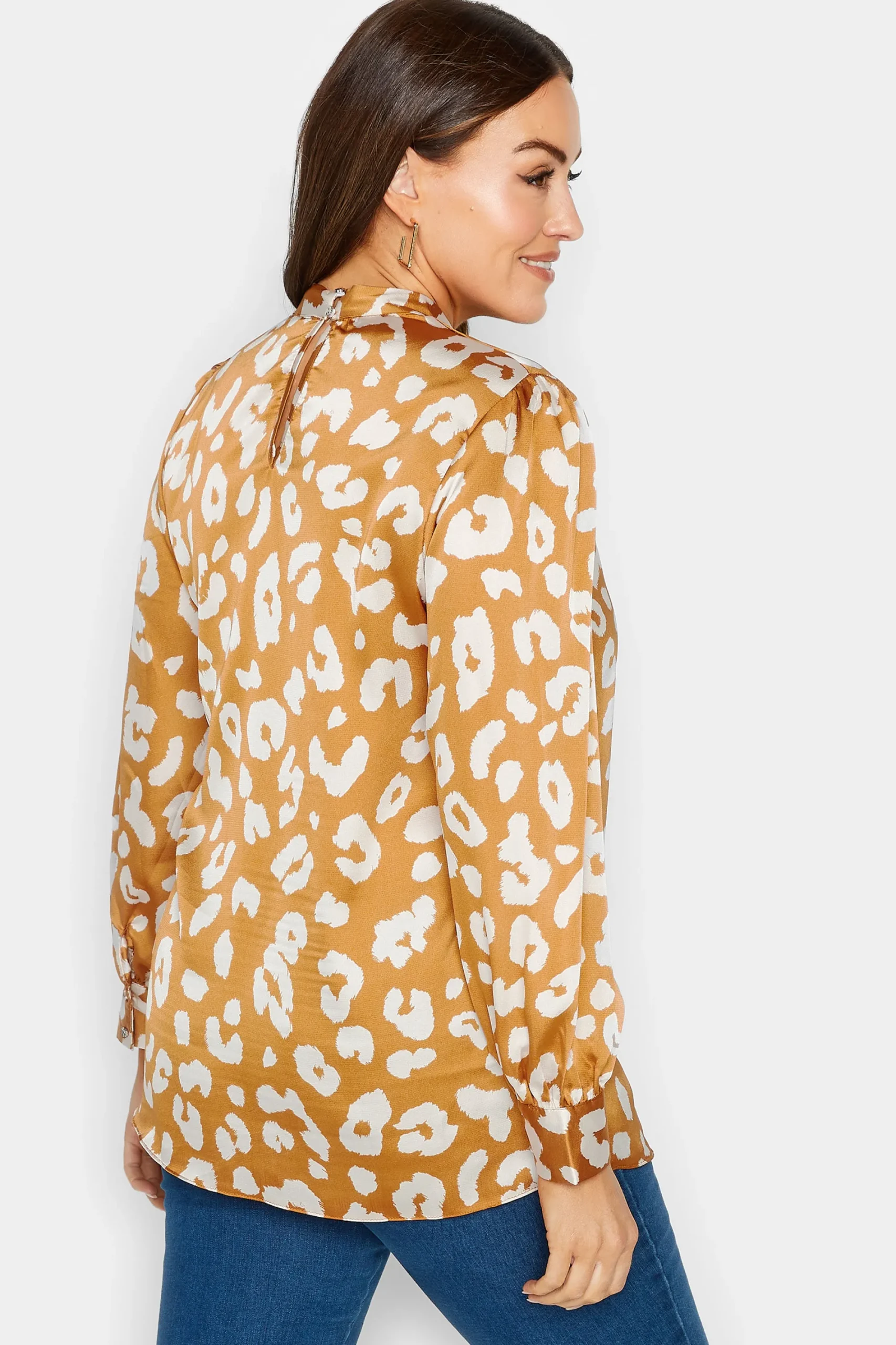 M&Co Womens Orange Leopard Print High Neck Satin Blouse>Women Long Sleeve Tops