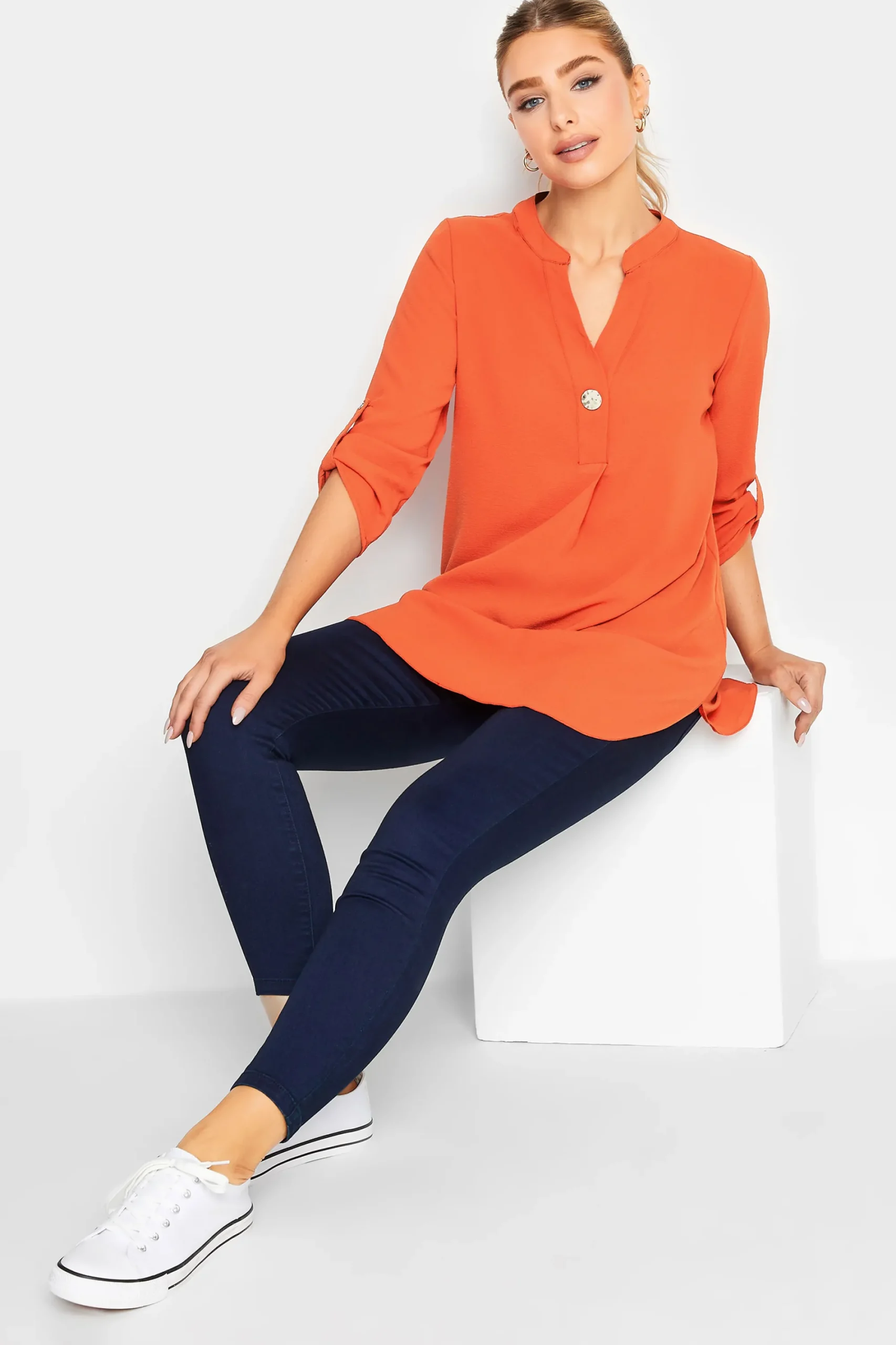 M&Co Womens Orange Long Sleeve Button Blouse>Women Shirts
