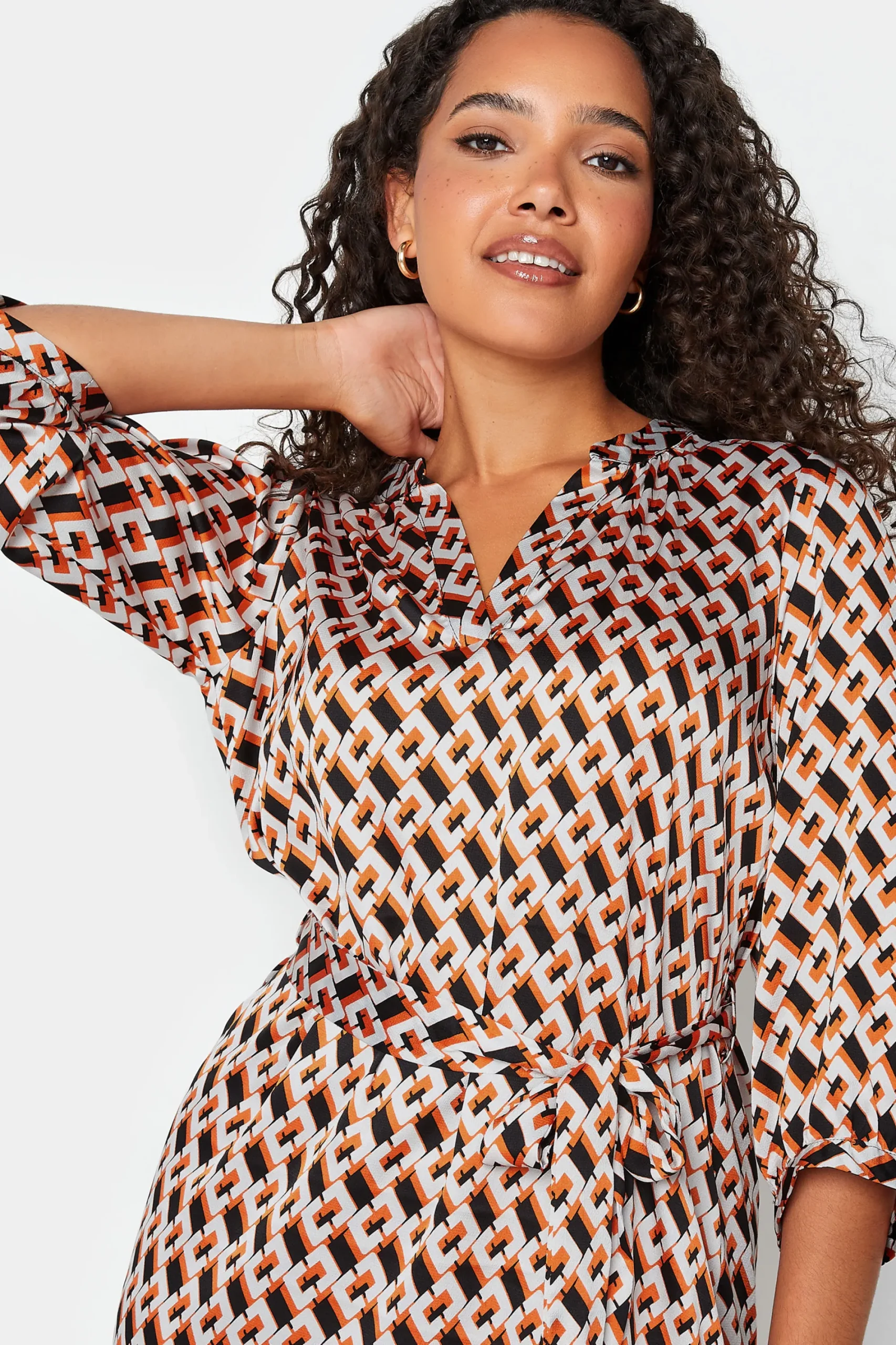 M&Co Womens Orange Satin Geometric Print Tunic Dress>Women Shirt Dresses