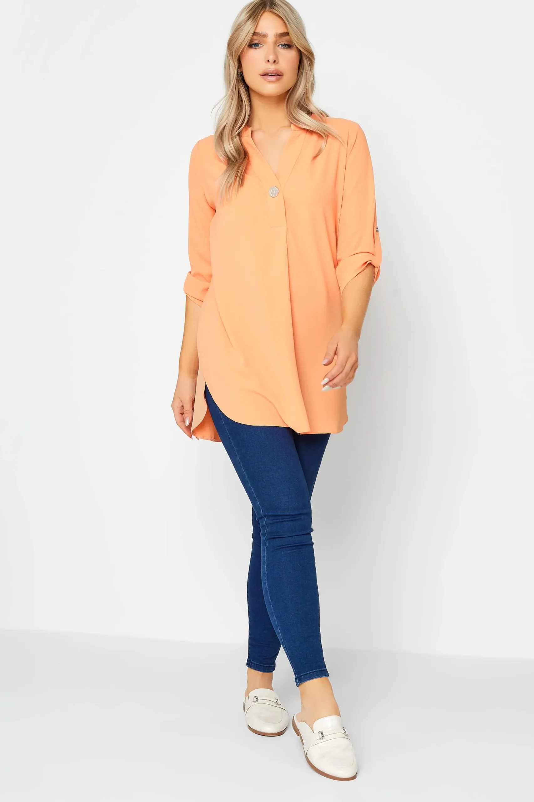 M&Co Womens Orange Statement Button Tab Sleeve Shirt>Women Shirts