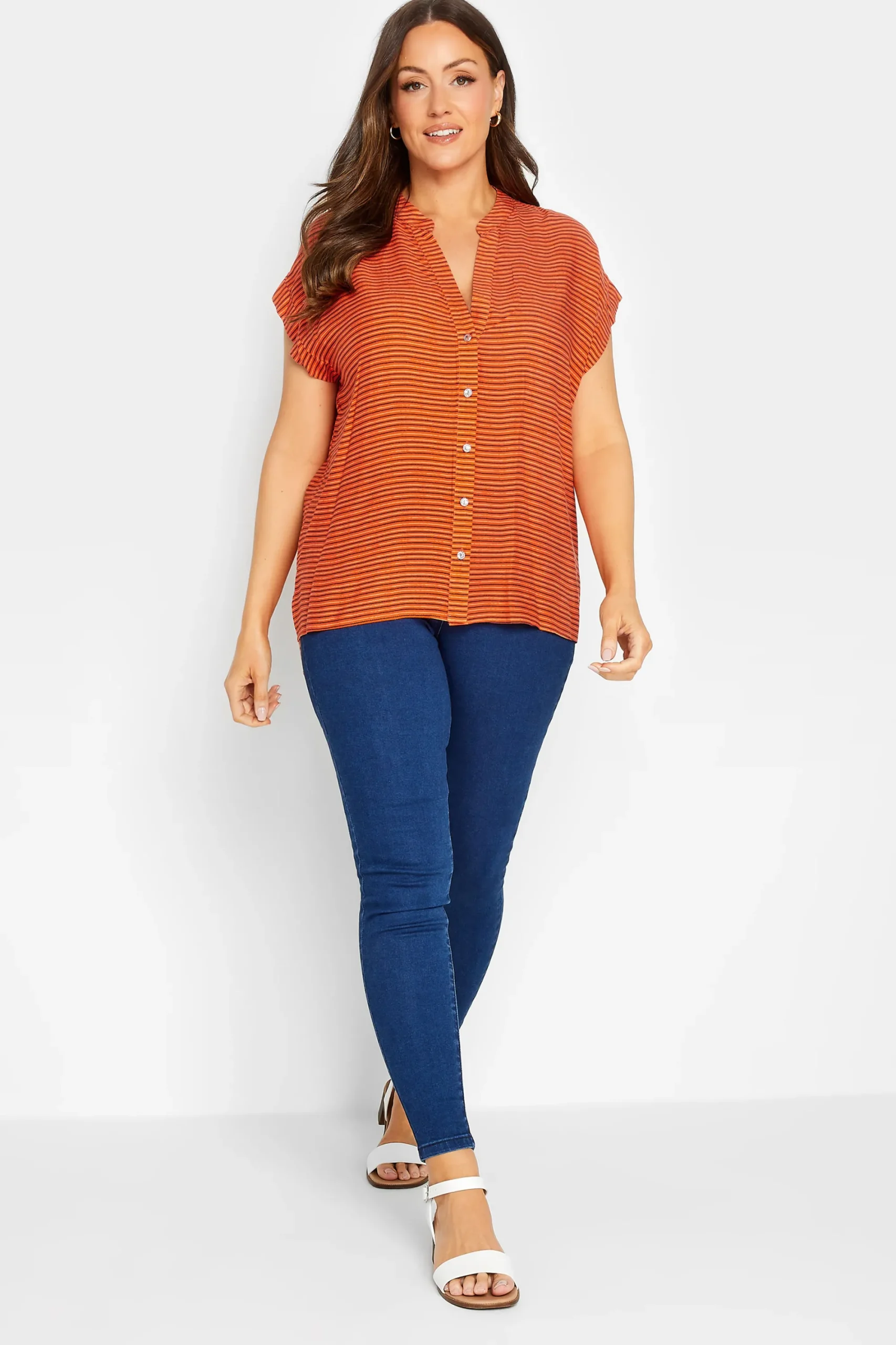 M&Co Womens Orange Stripe Grown On Sleeve Top>Women Short Sleeve Tops