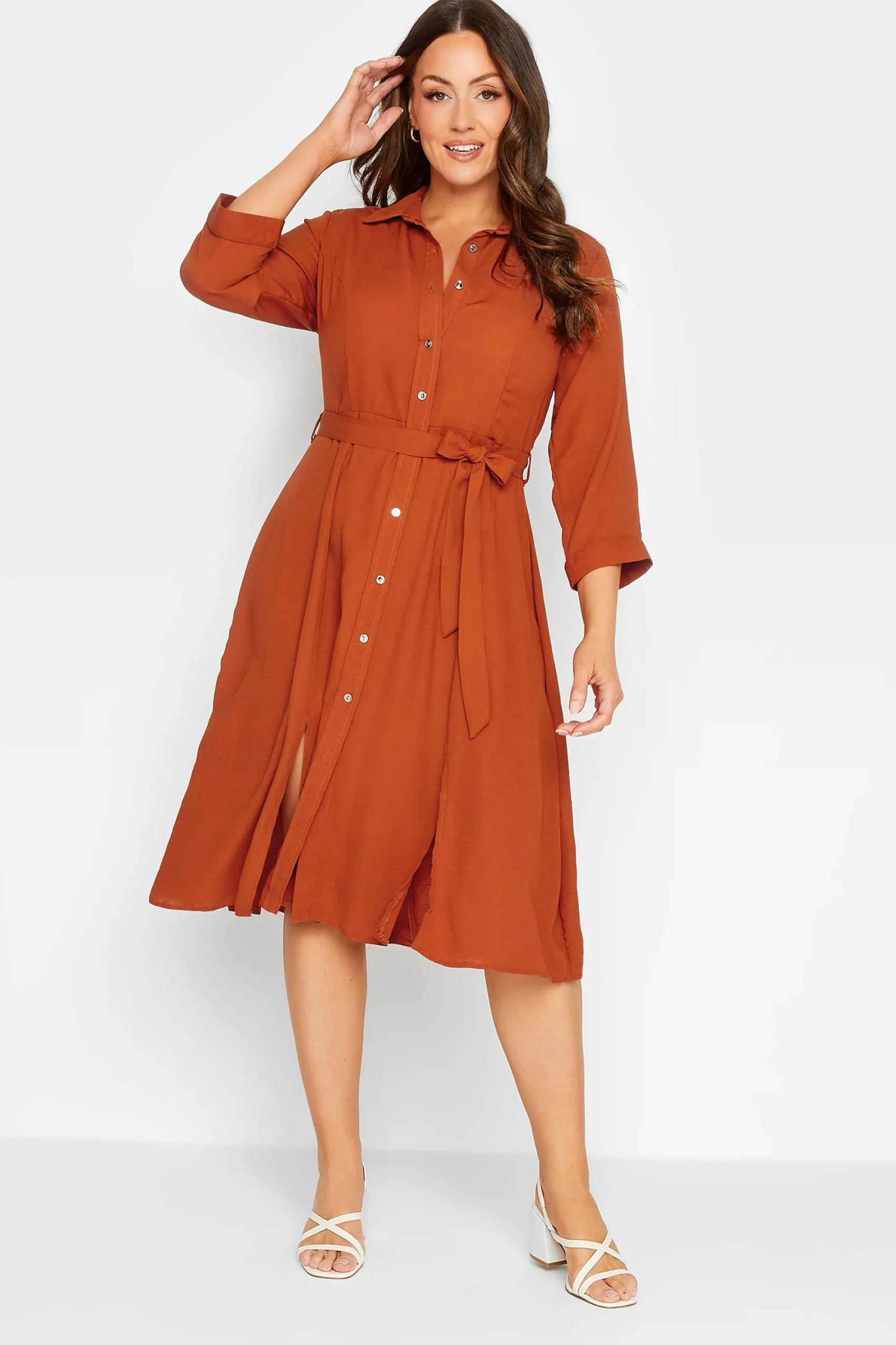 M&Co Womens Orange Tie Waist Button Through Shirt Dress>Women Wedding Guest Dresses