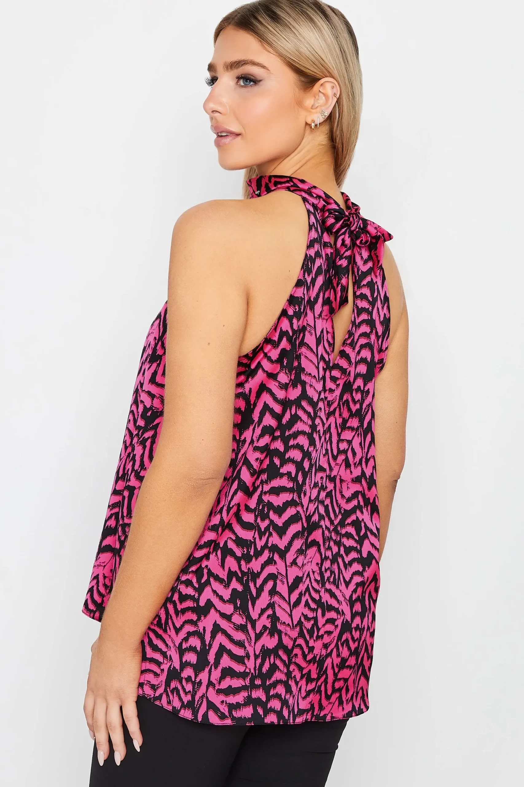 M&Co Womens Pink Animal Print Halterneck Blouse>Women Short Sleeve Tops