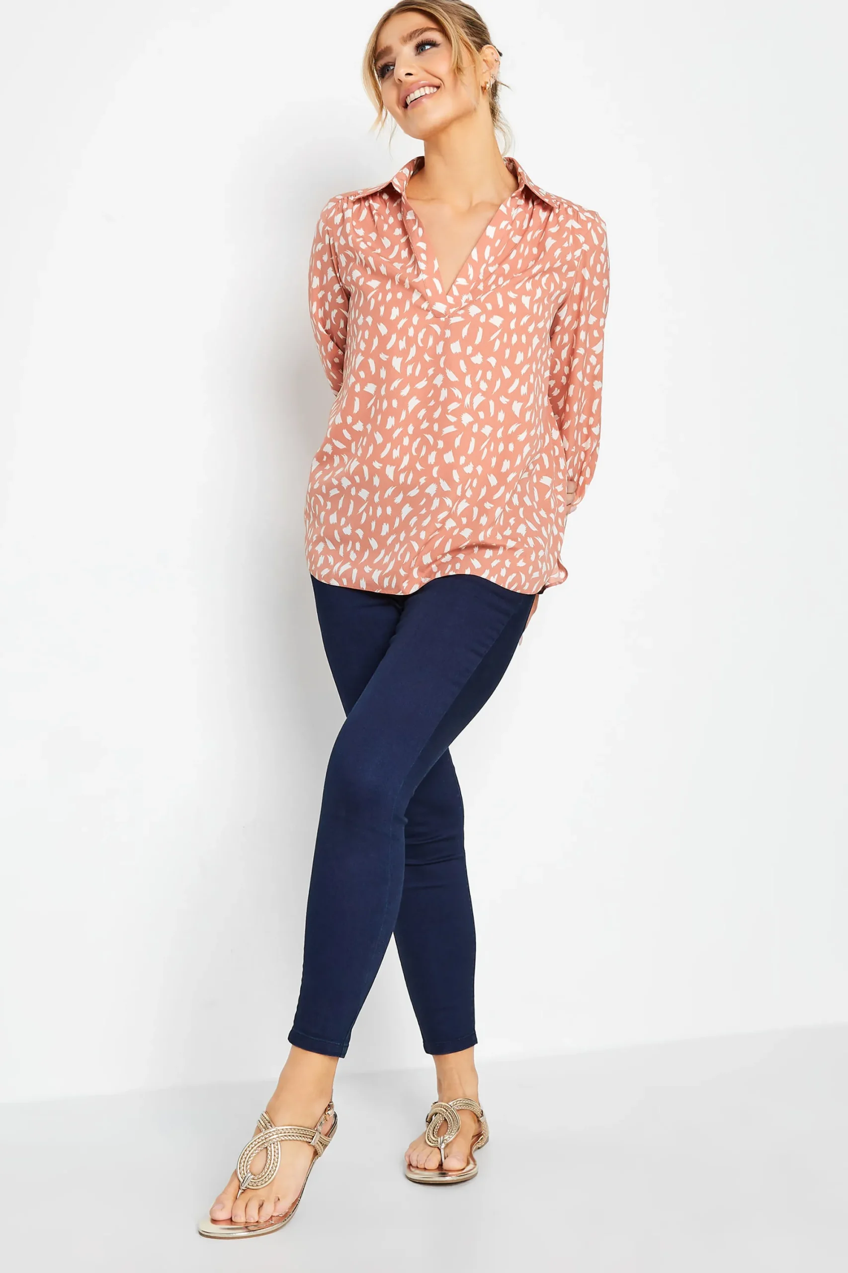 M&Co Womens Pink Brush Stroke Print Half Placket Shirt>Women Shirts