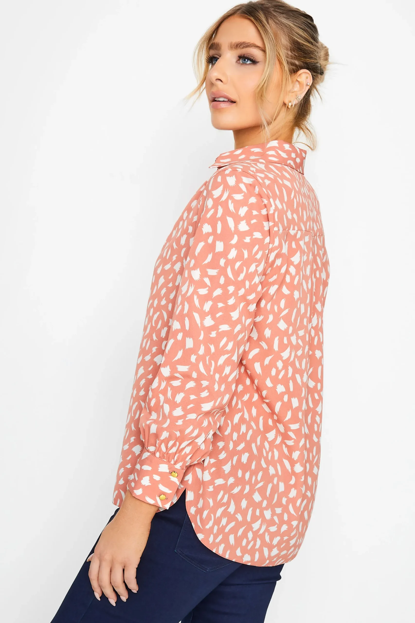 M&Co Womens Pink Brush Stroke Print Half Placket Shirt>Women Shirts