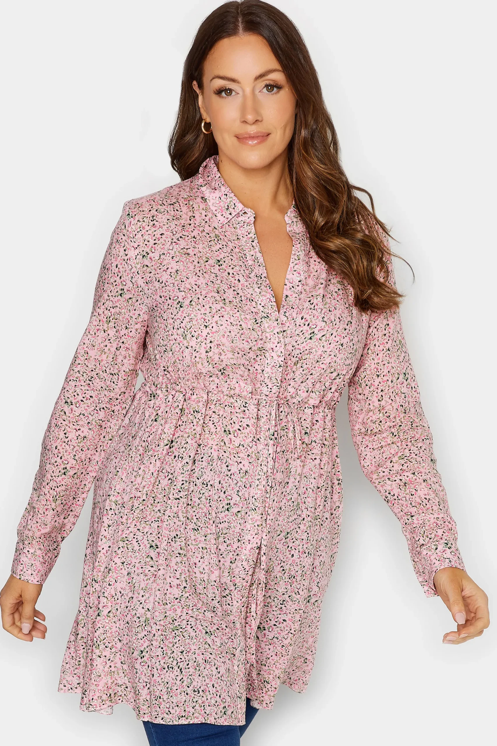 M&Co Womens Pink Ditsy Print Tie Waist Tunic Shirt>Women Shirts