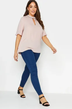 M&Co Womens Pink Embellished Neck Keyhole Blouse>Women Short Sleeve Tops