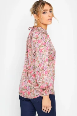 M&Co Womens Pink Floral Print Frill Neck Blouse><noscript><img width=