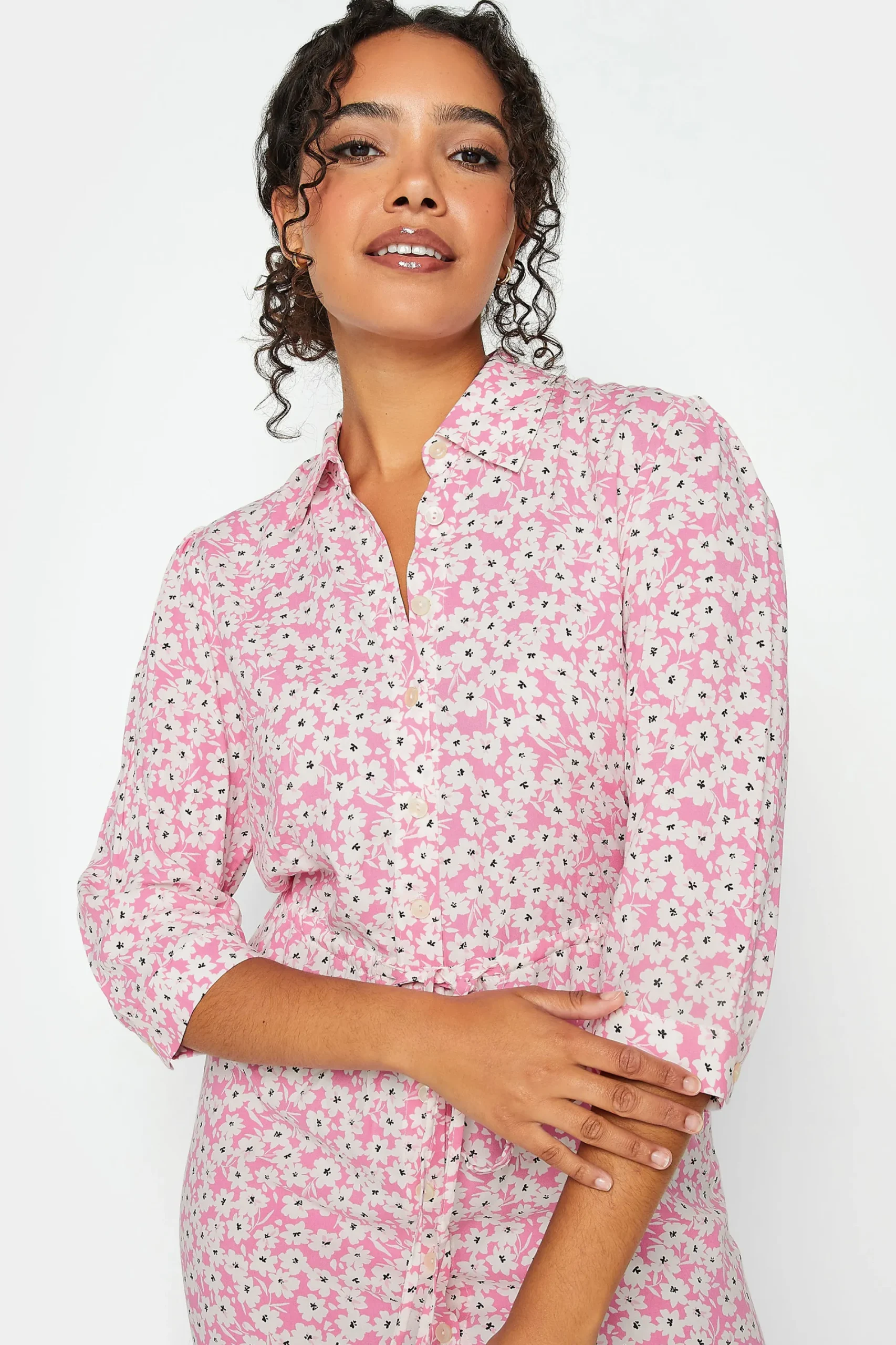 M&Co Womens Pink Floral Print Midi Shirt Dress>Women Shirt Dresses