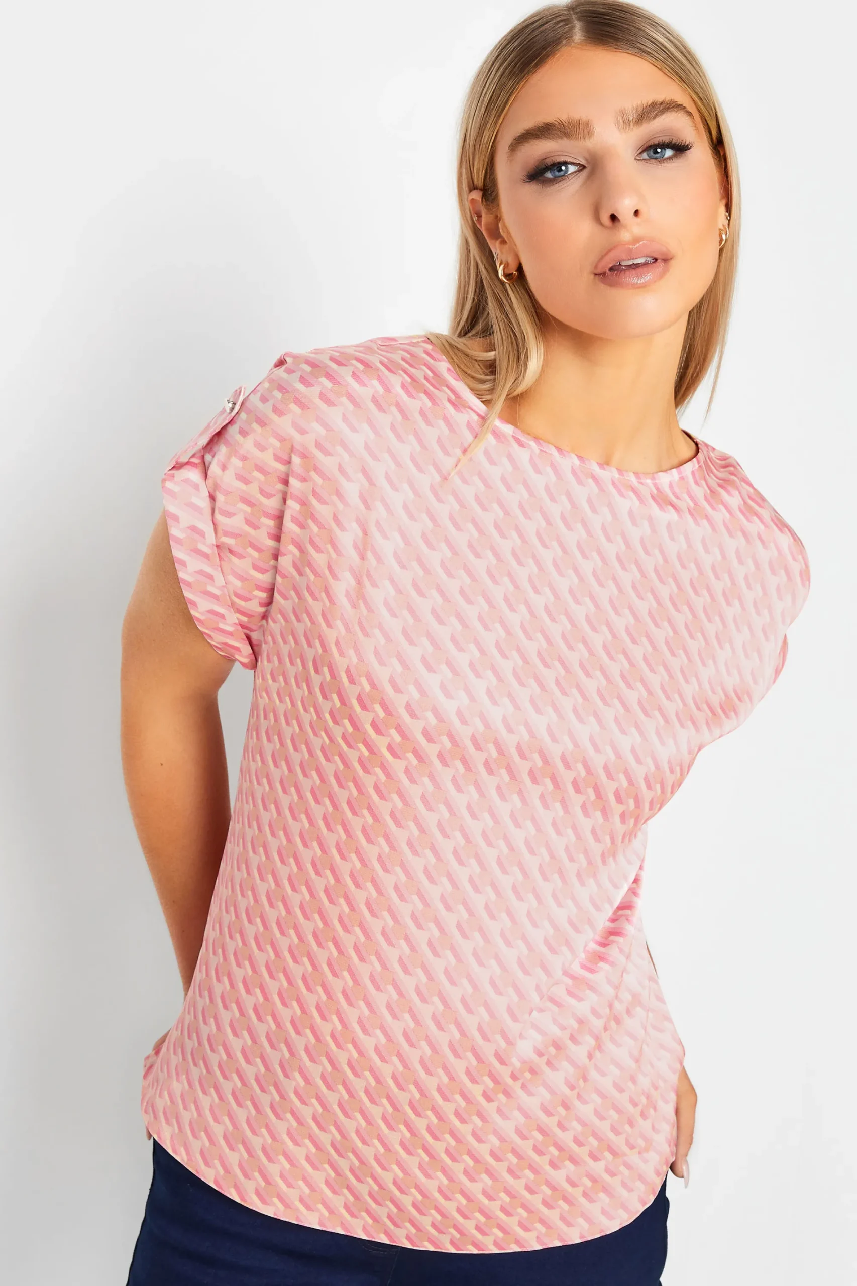 M&Co Womens Pink Geometric Print Blouse>Women Short Sleeve Tops
