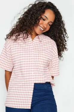 M&Co Womens Pink Gingham Print Shirt>Women Short Sleeve Tops