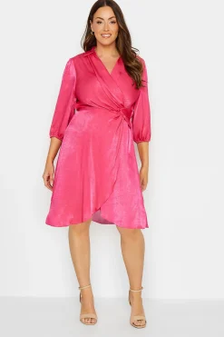M&Co Womens Pink Satin Wrap Dress>Women Wedding Guest Dresses
