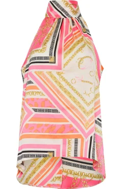 M&Co Womens Pink Scarf Print Halter Neck Blouse><noscript><img width=