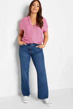 M&Co Womens Pink Stripe Grown On Sleeve Top>Women Short Sleeve Tops