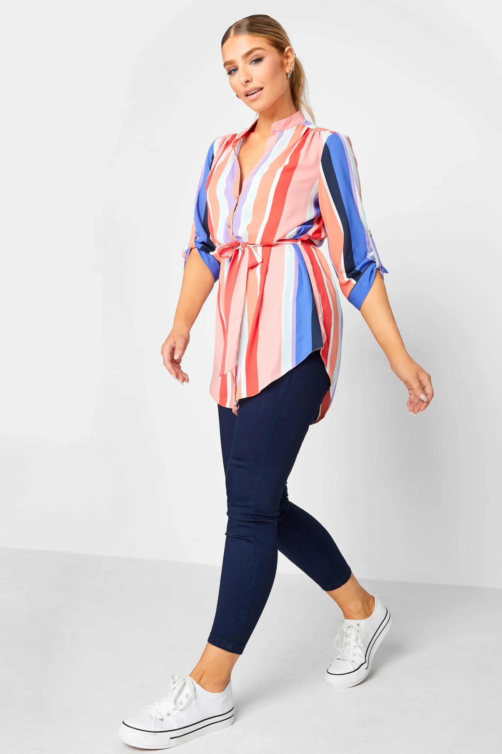 M&Co Womens Pink Stripe Tie Waist Blouse>Women Shirts