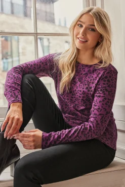 M&Co Womens Purple Animal Print Long Sleeve Cotton Top>Women Long Sleeve Tops