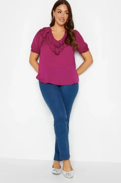 M&Co Womens Purple Frill Front Blouse>Women Short Sleeve Tops