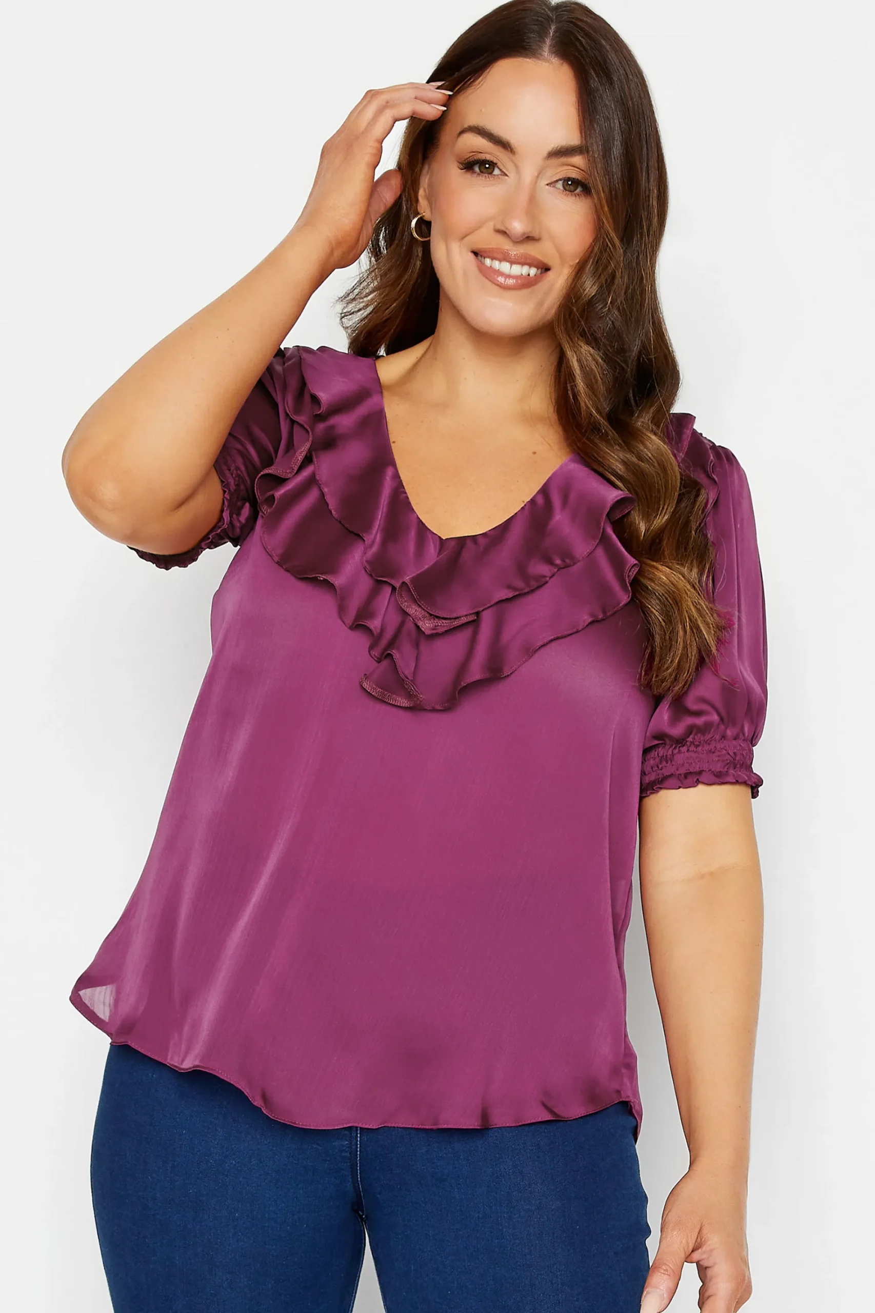 M&Co Womens Purple Frill Front Satin Blouse>Women Short Sleeve Tops