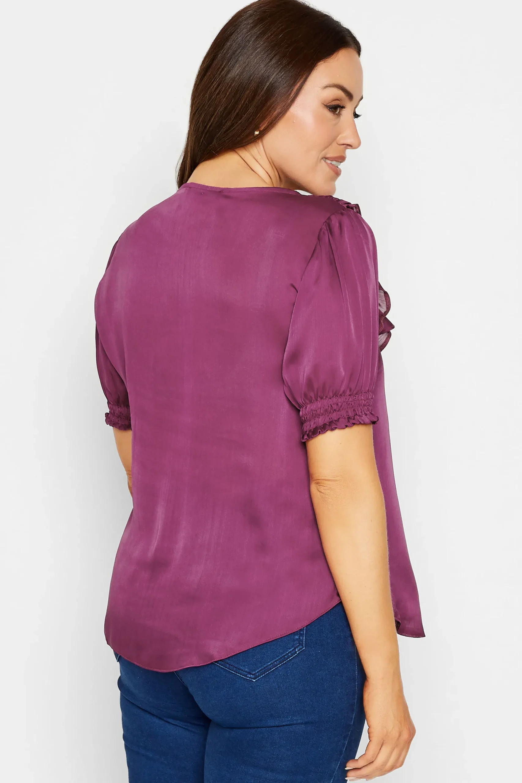 M&Co Womens Purple Frill Front Satin Blouse>Women Short Sleeve Tops