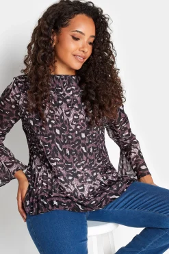 M&Co Womens Purple Leopard Print Pleat Blouse>Women Long Sleeve Tops